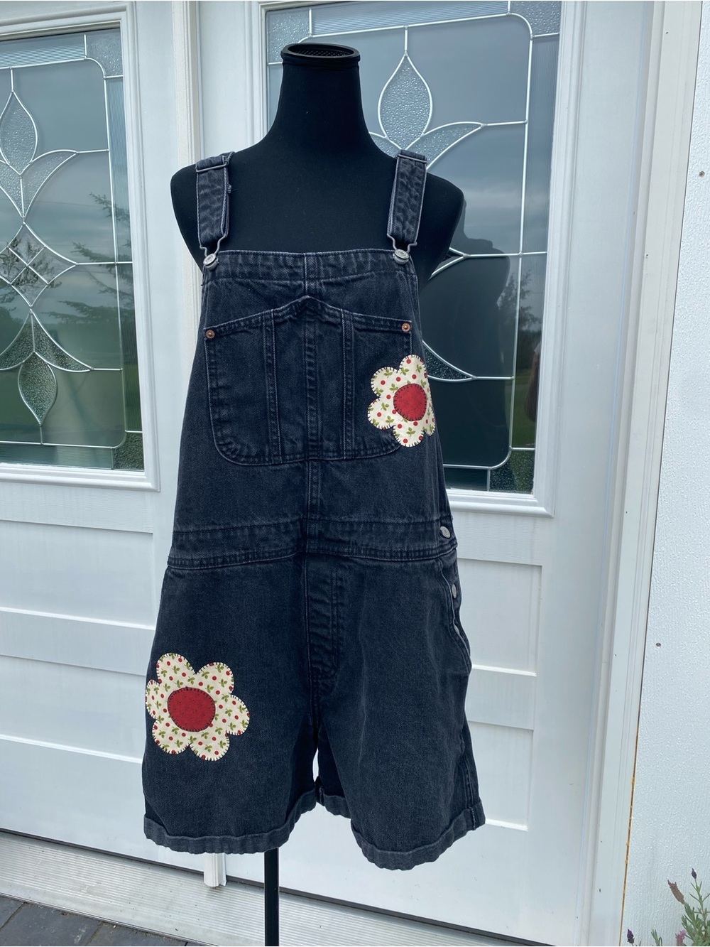 One of a kind upcycled black denim shortalls - Picture 1 of 13